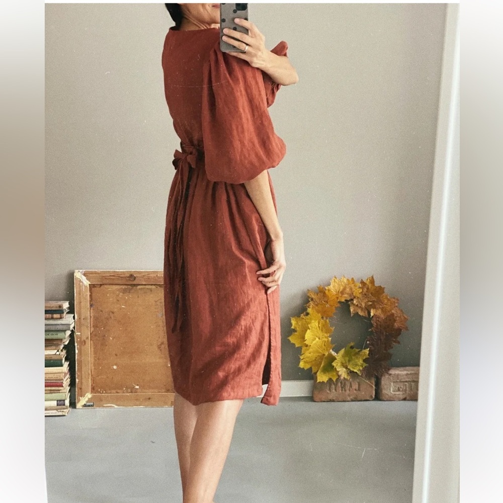 Women's Rust Wrap Midi Dress with Puff Sleeves - Picture 9 of 14